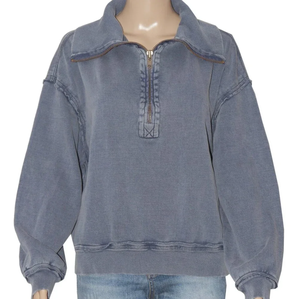Free People Parker Half-Zip Pullover We The Free Deep Seas Ribbed Top XS